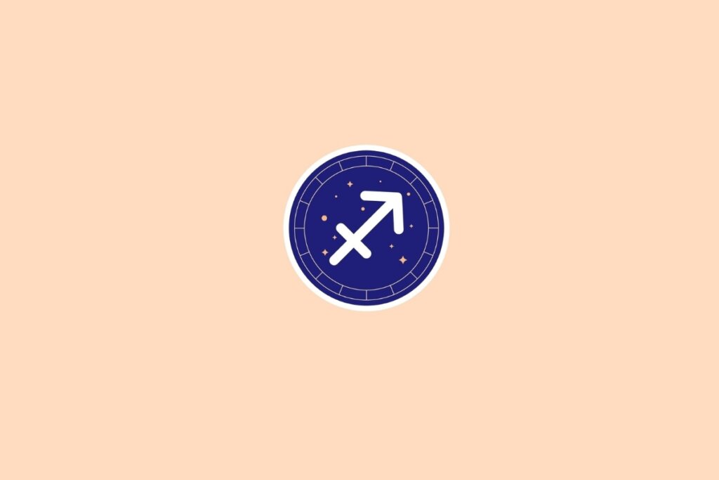 Ilustração do signo de sagitário em branco em um círculo azul em cima de um fundo bege