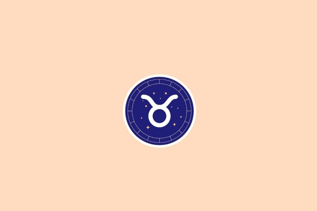 Ilustração do signo de touro em branco em um círculo azul em cima de um fundo bege