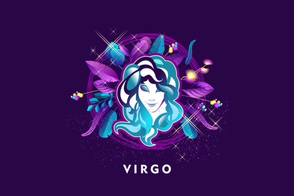 Símbolo do signo de Virgem em tons de azul e roxo em fundo roxo