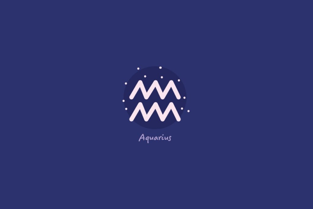 Ilustração do signo de aquário em um círculo azul-escuro, rodeado por estrelas, com o nome do signo abaixo, sobre fundo azul.