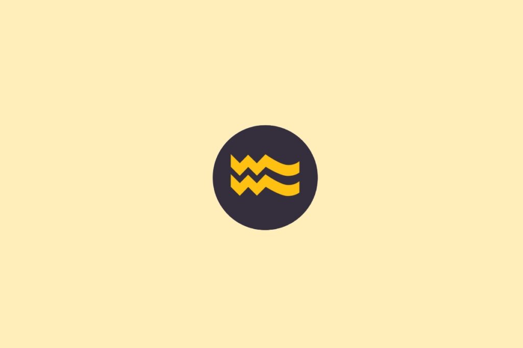 Um símbolo do signo de Aquário em amarelo, dentro de um círculo escuro, sobre um fundo claro bege