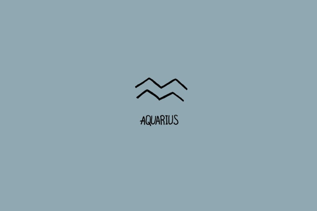 Ilustração do signo de aquário em preto em um fundo cinza com o nome do signo embaixo