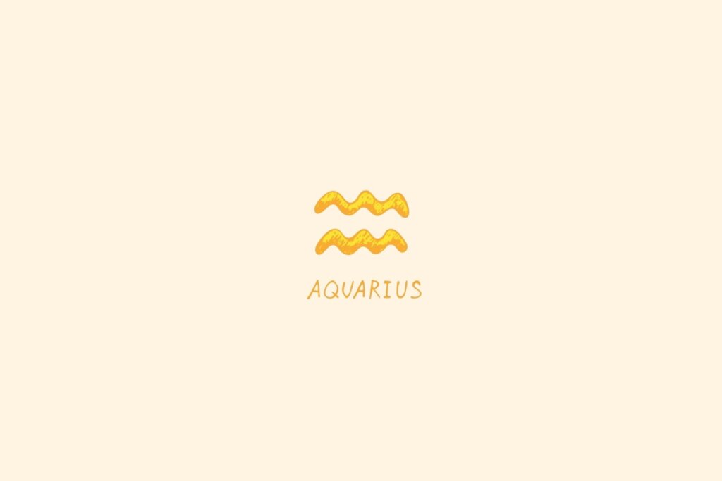 símbolo do signo de Aquário em dourado sobre fundo bege claro, com o nome “AQUARIUS” abaixo