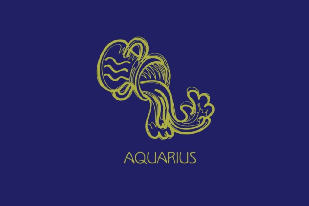 ilustração amarela da cabeça de um jarro saindo água e nome "aquarius" embaixo sobre fundo azul