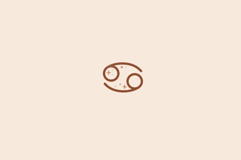 Imagem minimalista com fundo bege claro e um símbolo marrom de Câncer no centro, acompanhado de pequenos detalhes místicos acima do desenho