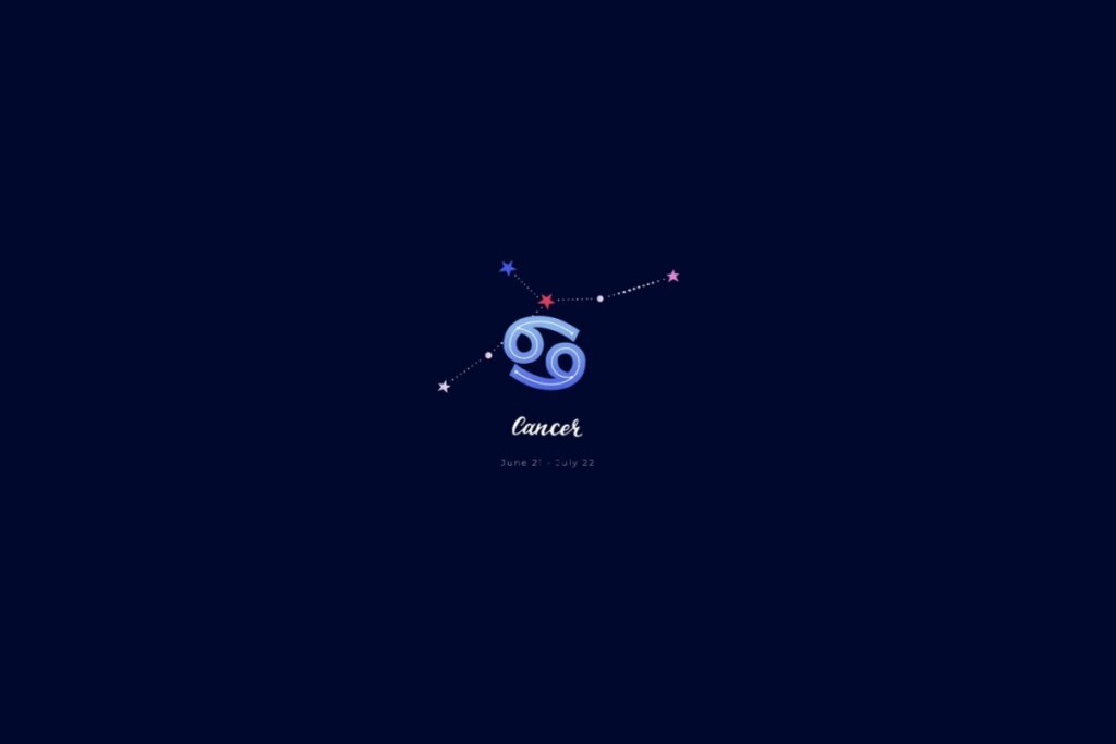 Ilustração do signo de câncer, na cor azul, sobre um fundo azul-escuro, com a constelação do signo ao redor