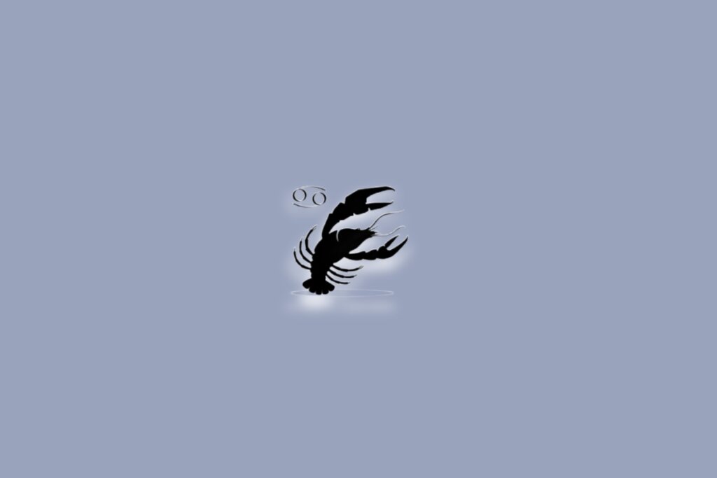 Um caranguejo preto, em fundo claro, com o símbolo de Câncer acima dele