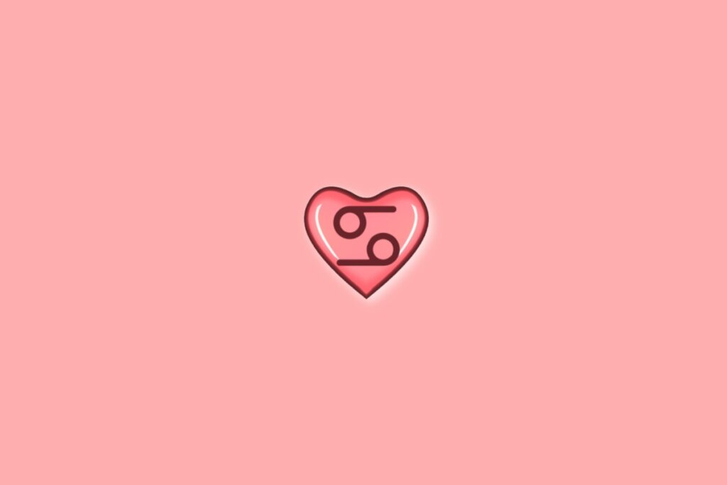 Coração em fundo vermelho-claro com o símbolo do signo de câncer dentro