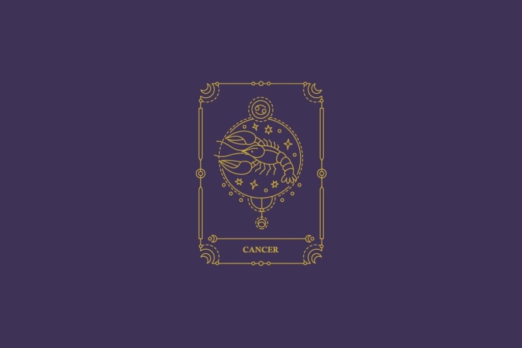 Ilustração do signo de câncer em dourado com detalhes na mesma cor ao redor. Fundo roxo-escuro