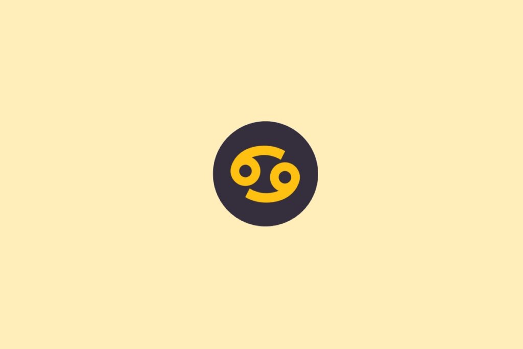 Um símbolo do signo de Câncer em amarelo, dentro de um círculo escuro, sobre um fundo claro bege