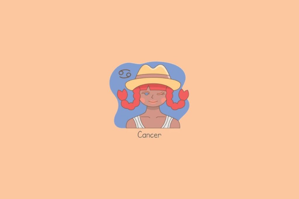 Ilustração de uma mulher ao lado do símbolo do signo de câncer