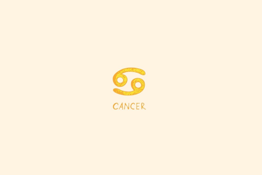 símbolo do signo de Câncer em dourado sobre fundo bege claro, com o nome “CANCER” abaixo