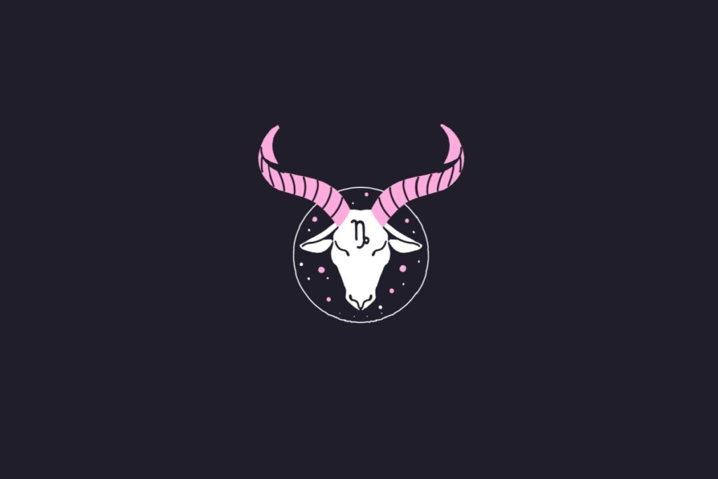 Ilustração do signo de capricórnio centralizado em um fundo roxo-escuro
