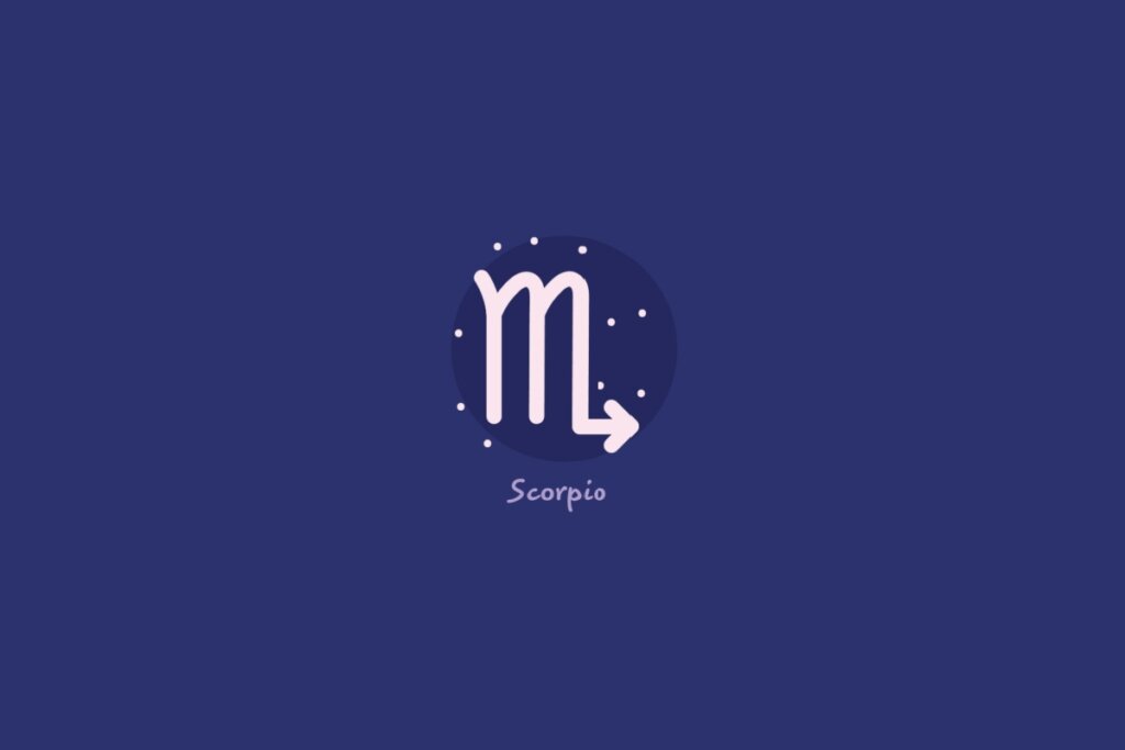 Ilustração do signo de escorpião em um círculo azul-escuro, rodeado por estrelas, com o nome do signo abaixo, sobre fundo azul