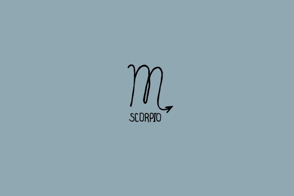 Ilustração do signo de escorpião em preto em um fundo cinza com o nome do signo embaixo