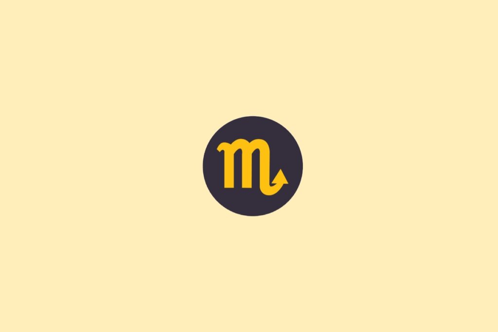 Um símbolo do signo de Escorpião em amarelo, dentro de um círculo escuro, sobre um fundo claro bege