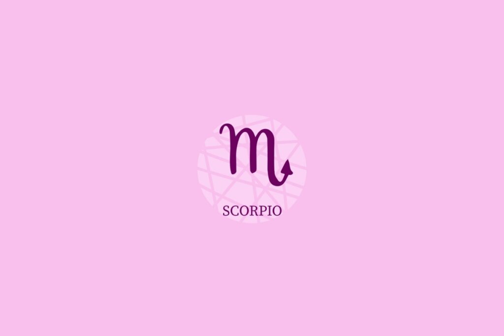 Ilustração do signo de Escorpião (M com perna com seta para cima) em um fundo roxo-claro