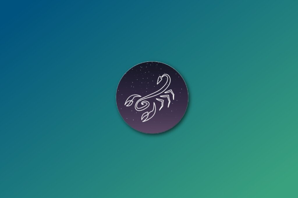 Ilustração do signo de escorpião em roxo em um fundo verde-jade