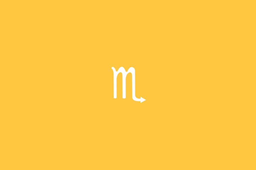 Ilustração do signo de Escorpião em branco em um fundo amarelo