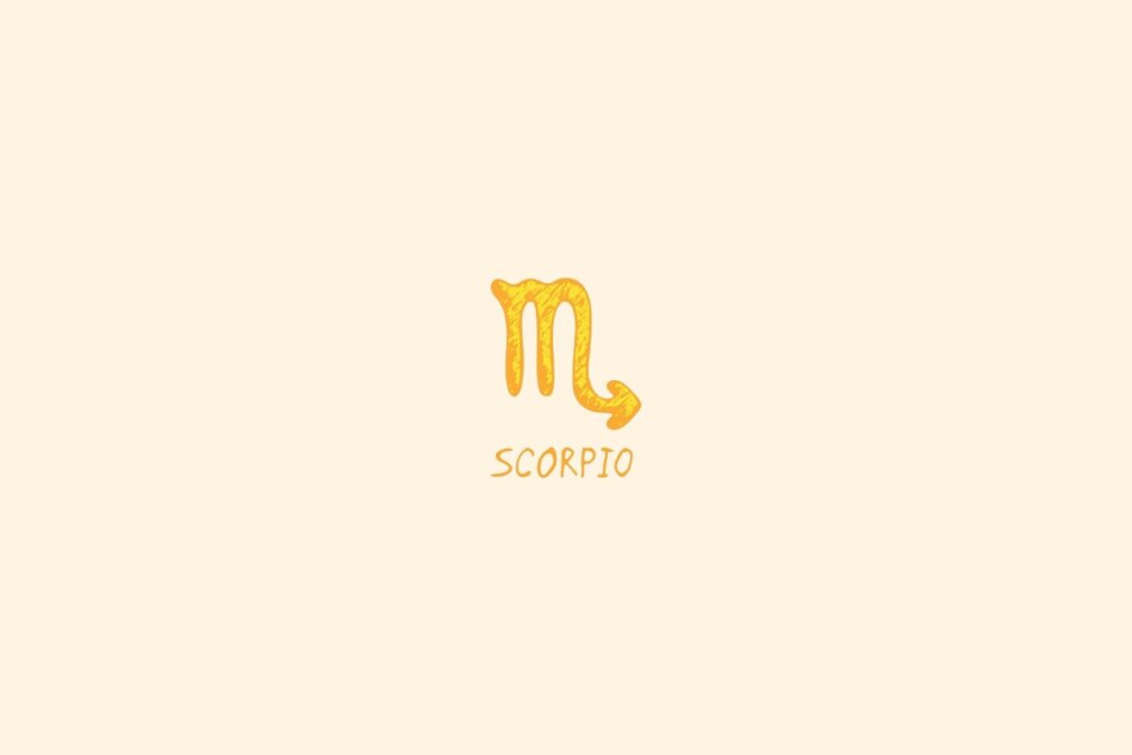 símbolo do signo de Escorpião em dourado sobre fundo bege claro, com o nome “SCORPIO” abaixo