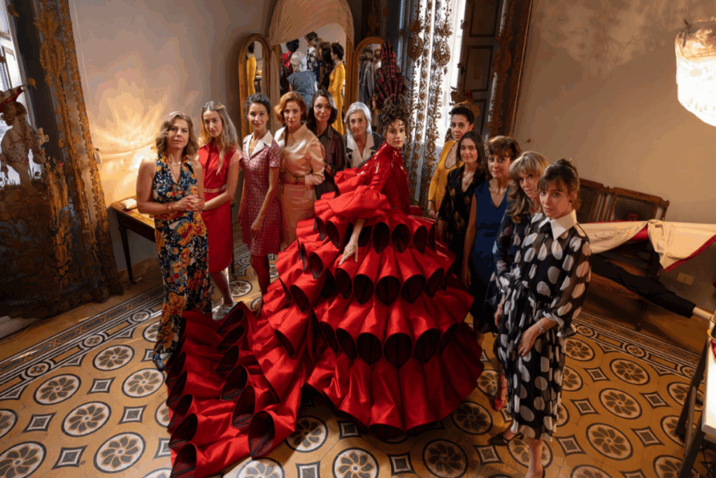 Grupo de mulheres reunidas em sala de ateliê com uma delas ao centro usando um vestido vermelho em diversas camadas