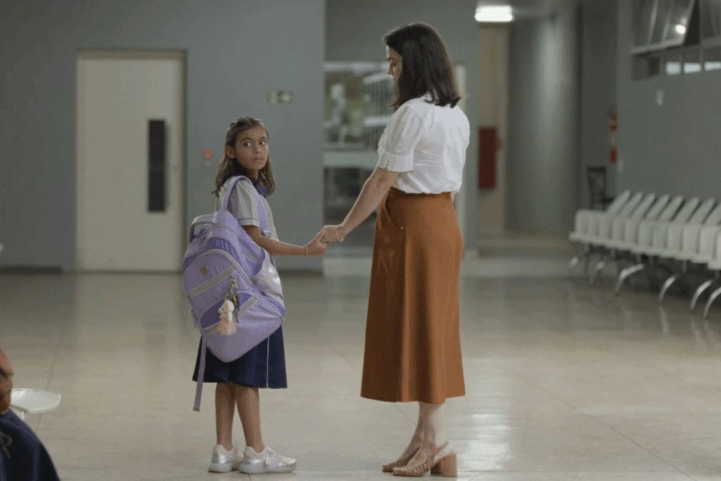 Mulher com cabelo curto, usando camiseta branca, saia e sapato marrom ao lado de crianças usando uniforme com mochila roxa no ombro em corredor de hospital