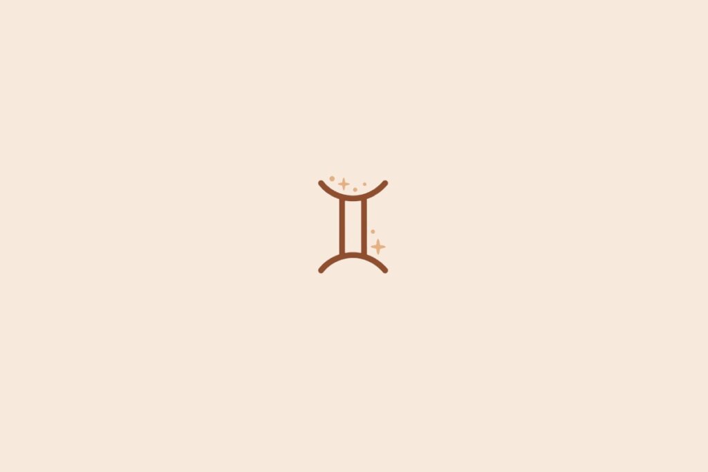 Imagem minimalista com fundo bege claro e um símbolo marrom de Gêmeos no centro, acompanhado de pequenos detalhes místicos acima do desenho