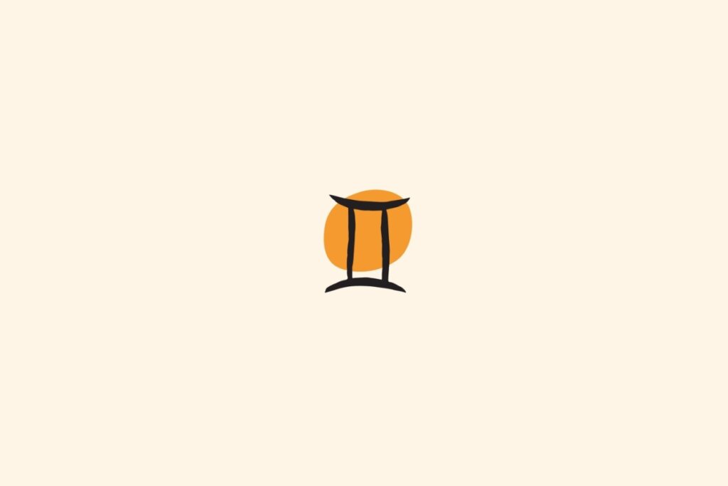 Símbolo de gêmeos preto sobre um círculo laranja, em fundo bege