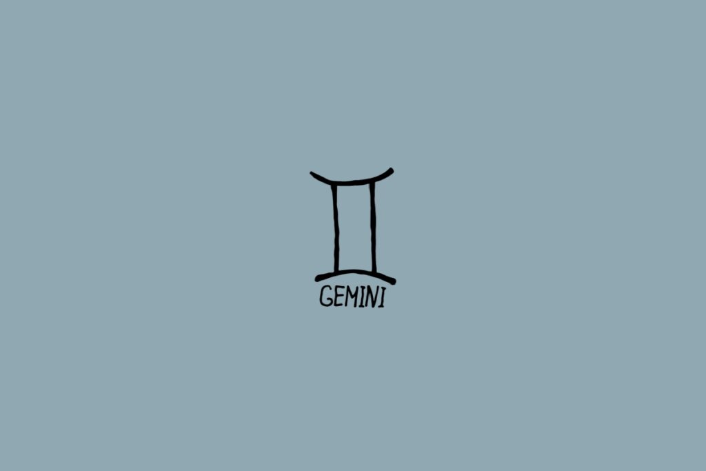 Ilustração do signo de gêmeos em preto em um fundo cinza com o nome do signo embaixo