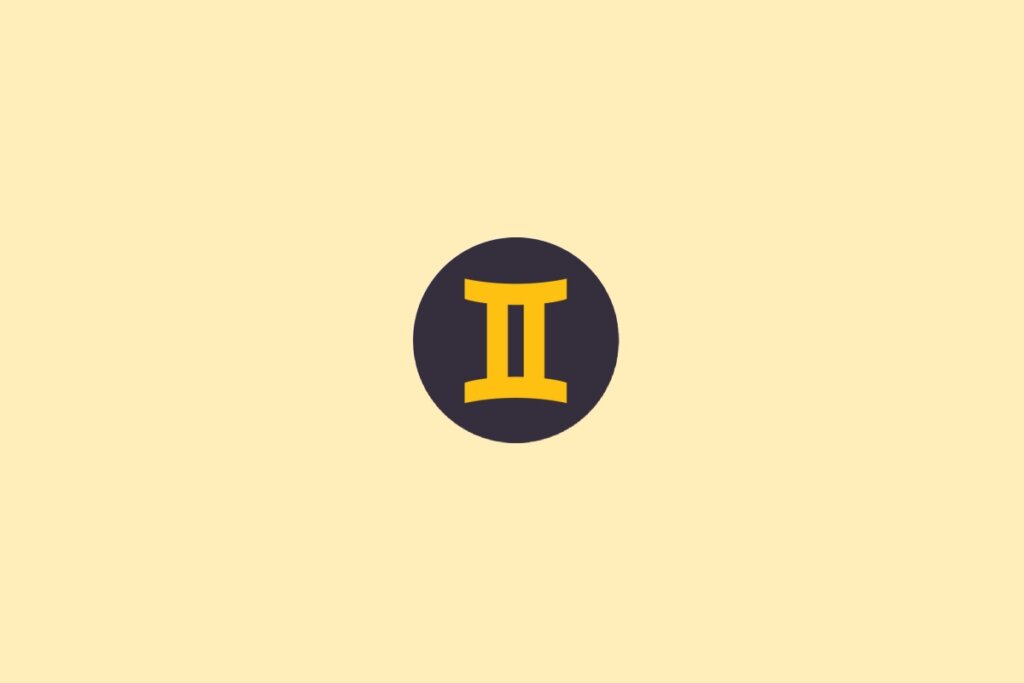 Um símbolo do signo de Gêmeos em amarelo, dentro de um círculo escuro, sobre um fundo claro bege