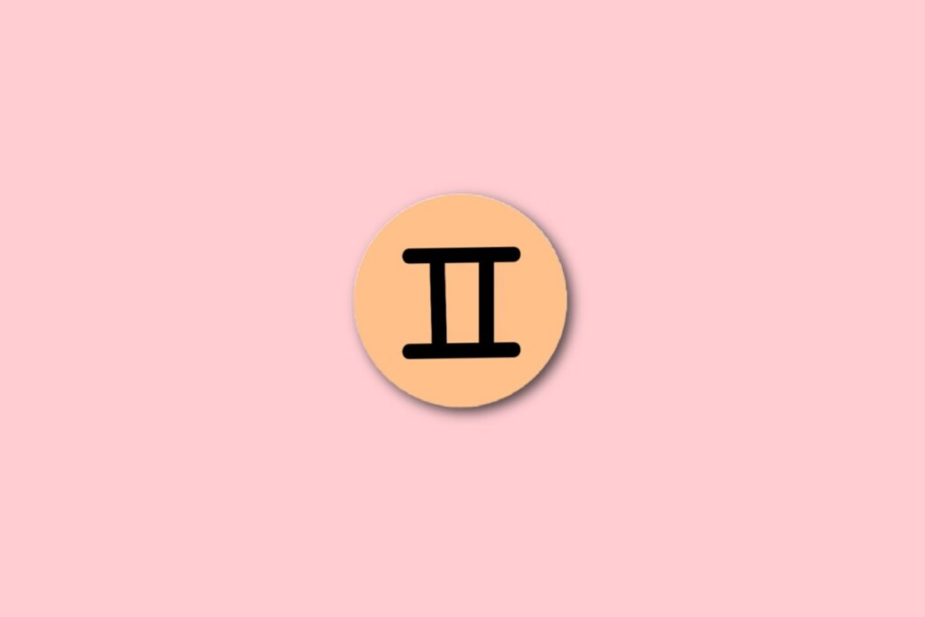 círculo laranja com ilustração preta do símbolo do signo de gêmeos sobre fundo rosa