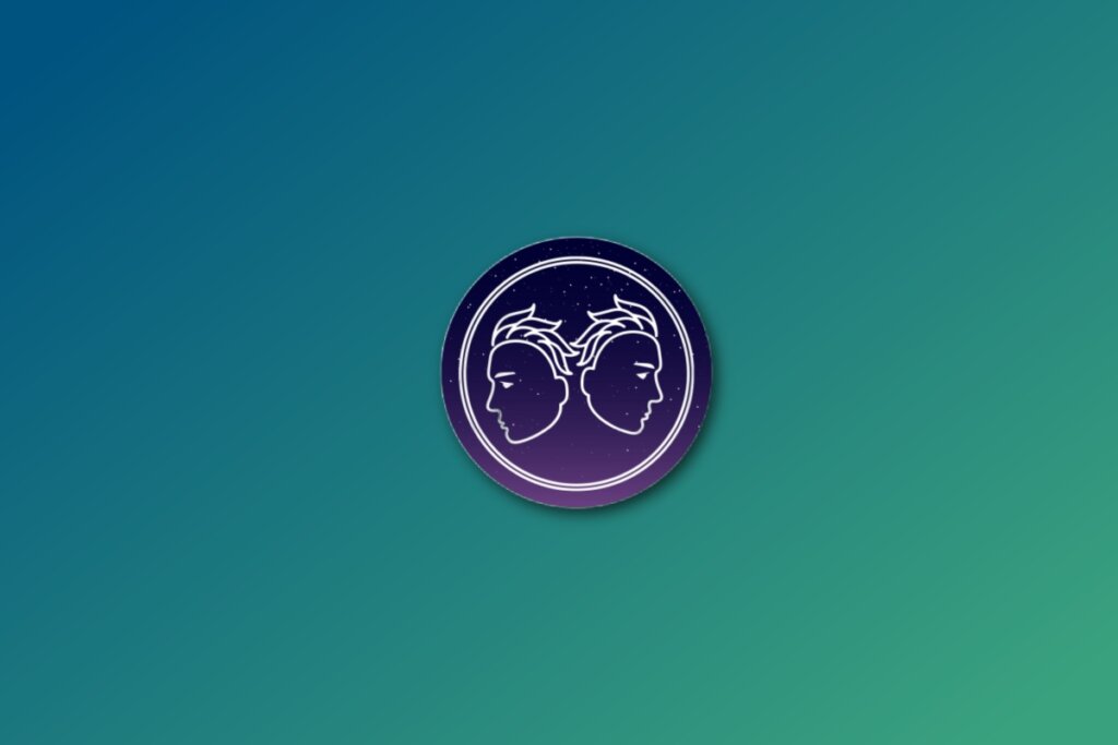Ilustração do signo de gêmeos em roxo em um fundo verde-jade