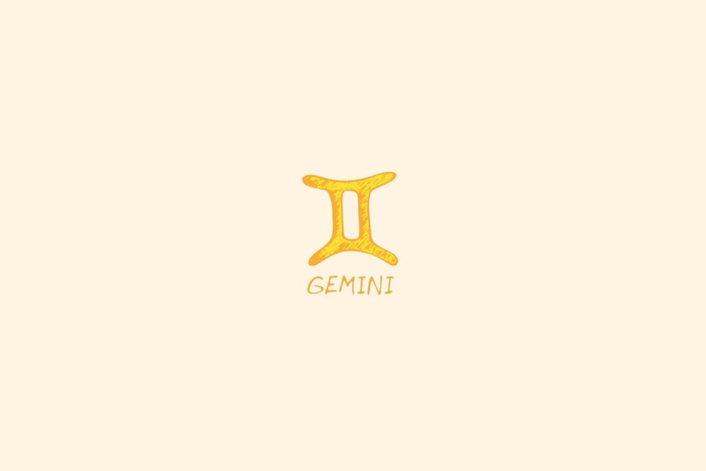 símbolo do signo de Gêmeos em dourado sobre fundo bege claro, com o nome “GEMINI” abaixo