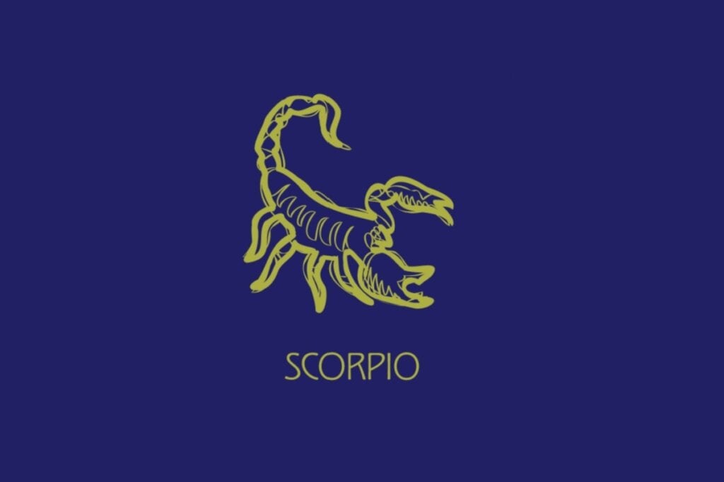ilustração amarela da cabeça de um escorpião e nome "scorpio" embaixo sobre fundo azul
