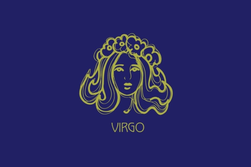 ilustração amarela da cabeça de uma mulher e nome "virgo" embaixo sobre fundo azul
