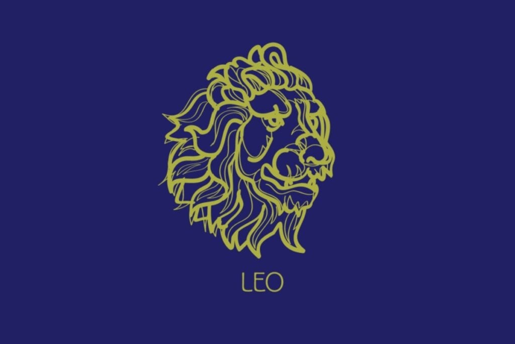 ilustração amarela da cabeça de um leão e nome "leo" embaixo sobre fundo azul