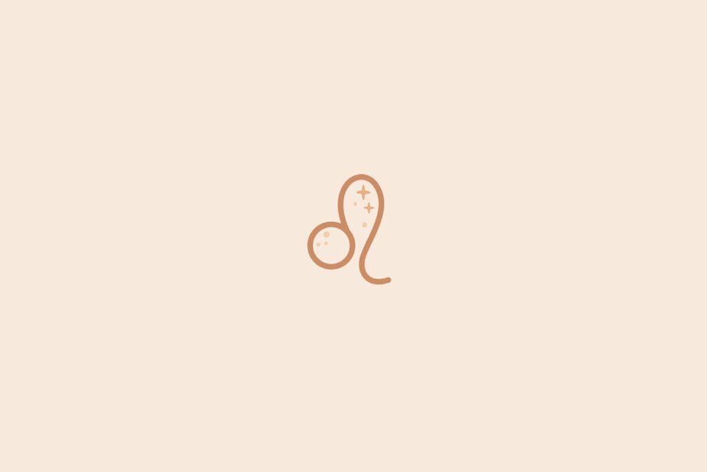 Imagem minimalista com fundo bege claro e um símbolo marrom de Leão no centro, acompanhado de pequenos detalhes místicos acima do desenho