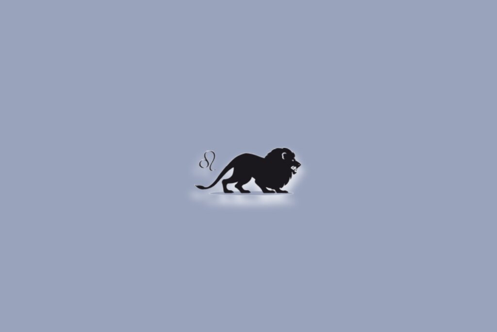 Um leão preto com juba marcante, em fundo claro, com o símbolo de Leão acima dele