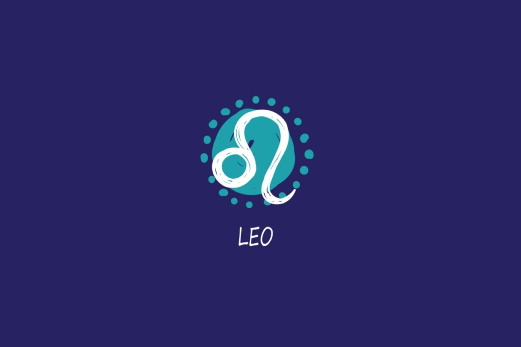 Ilustração do signo de leão, na cor branca, sobre uma mancha verde, em um fundo azul-escuro