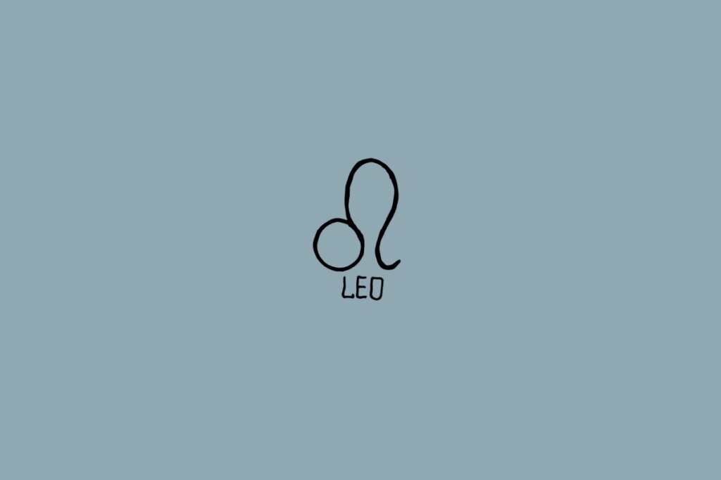Ilustração do signo de leão em preto em um fundo cinza com o nome do signo embaixo
