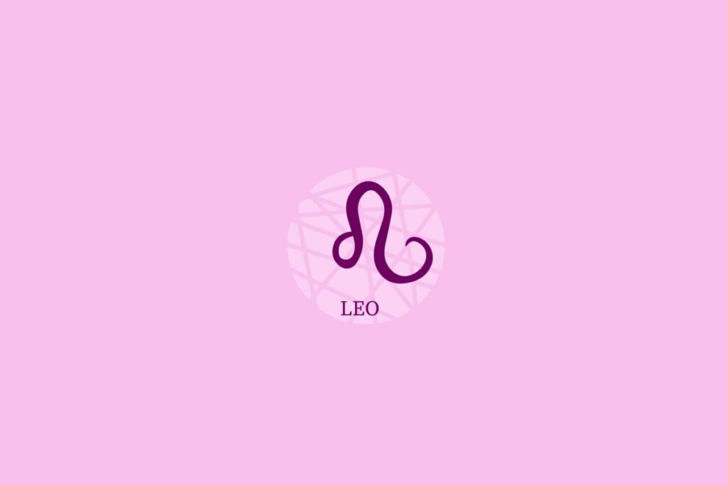 Ilustração do signo de Leão (círculo com uma cauda curva) em um fundo roxo-claro