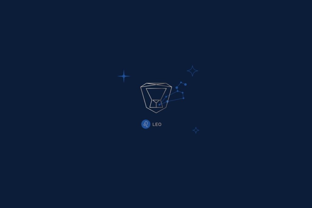 Ilustração de um leão, rodeado por estrelas, com o nome e a constelação do signo de leão, em um fundo azul-escuro