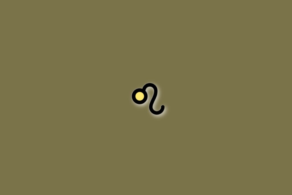 Símbolo do signo de leão em preto, com parte amarela dentro, sobre fundo verde-oliva