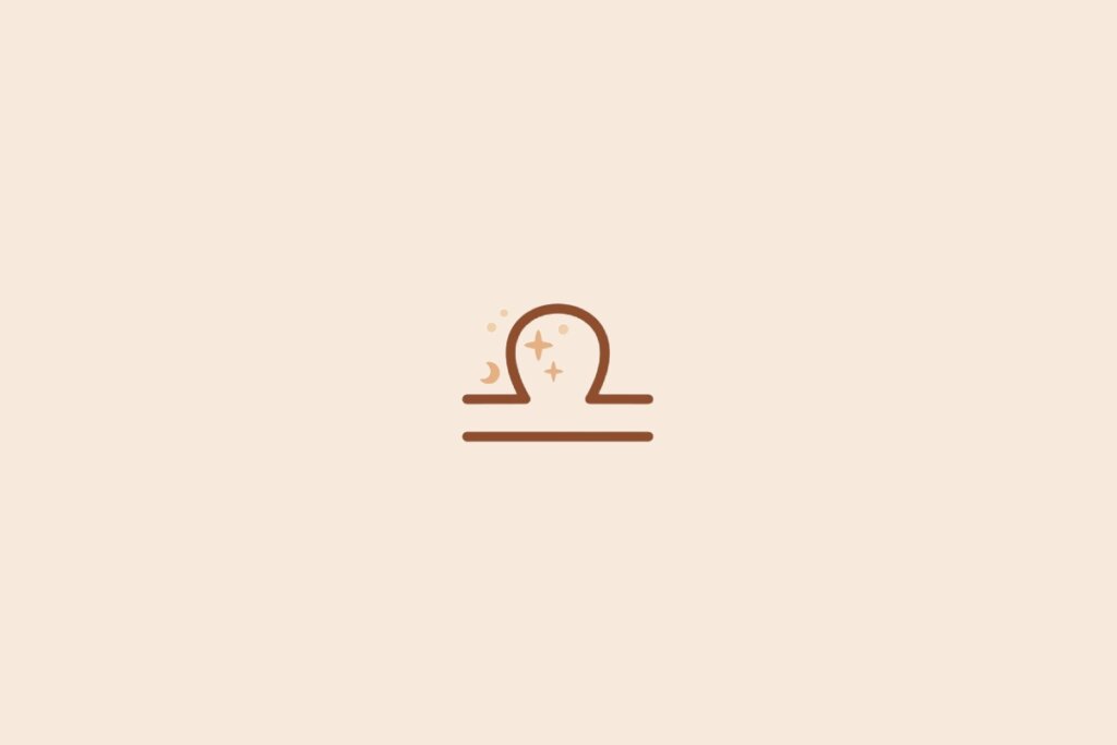 Imagem minimalista com fundo bege claro e um símbolo marrom de Libra no centro, acompanhado de pequenos detalhes místicos acima do desenho