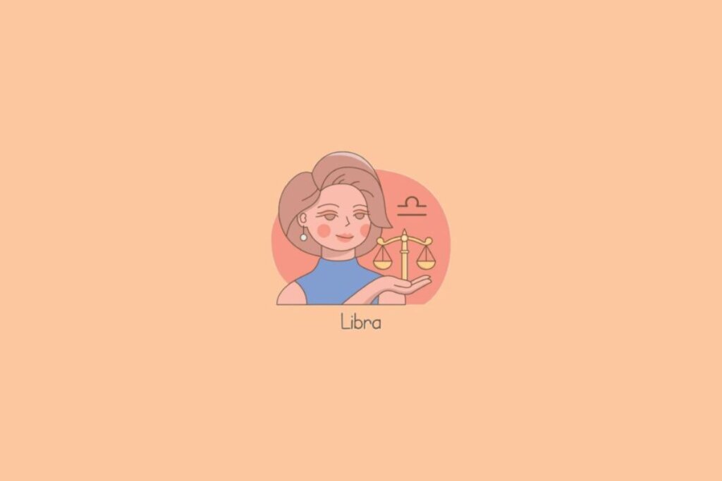 Ilustração de uma mulher ao lado do símbolo do signo de libra