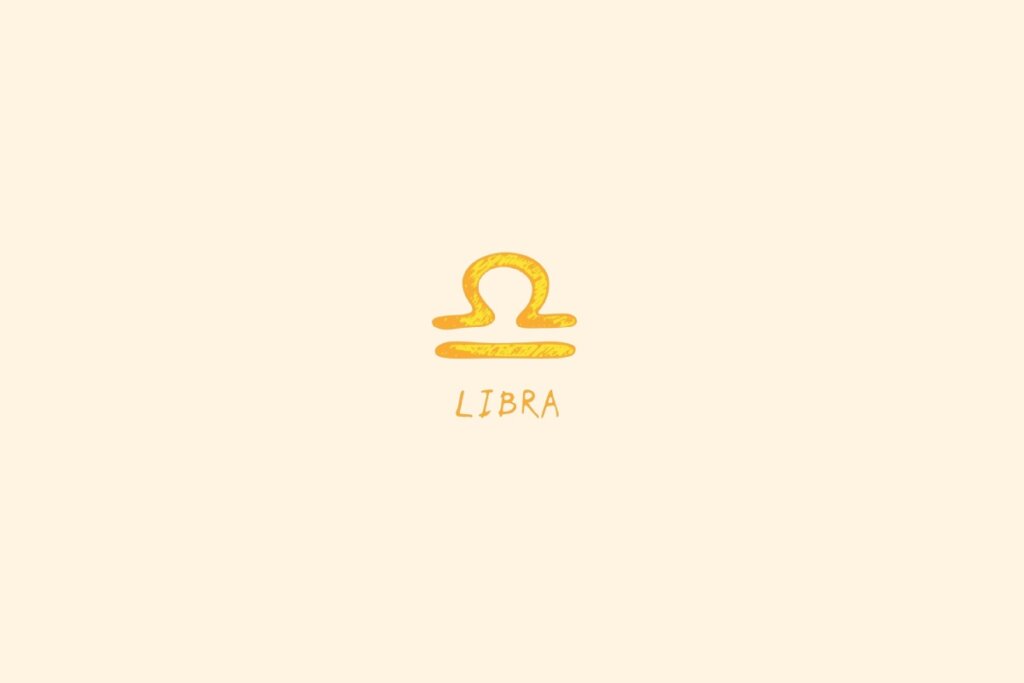 símbolo do signo de Libra em dourado sobre fundo bege claro, com o nome “LIBRA” abaixo