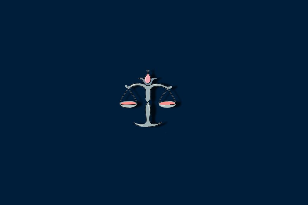 Ilustração de uma balança rosa e verde em um fundo azul-escuro