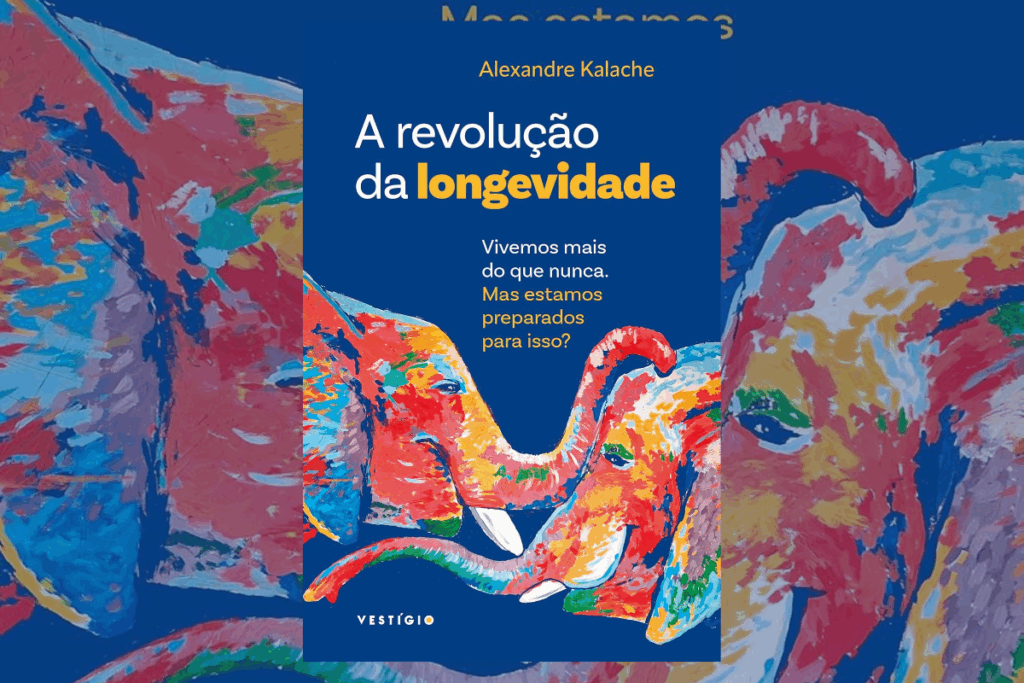 Capa de livro azul, com título e nome do autor em branco e amarelo e com ilustração de dois elefantes coloridos