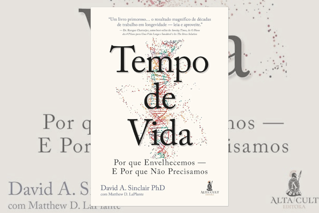 Capa de livro bege, com nome e título em preto com ilustração de DNA colorida ao fundo
