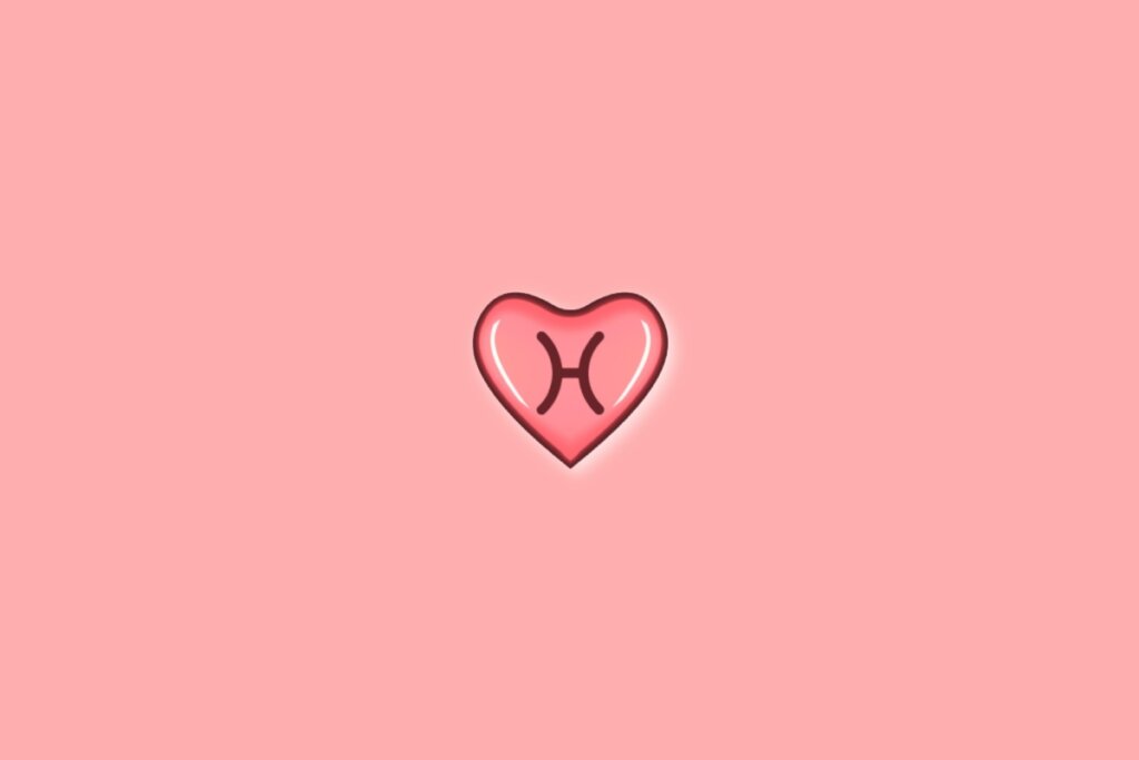Coração em fundo vermelho-claro com o símbolo do signo de peixes dentro
